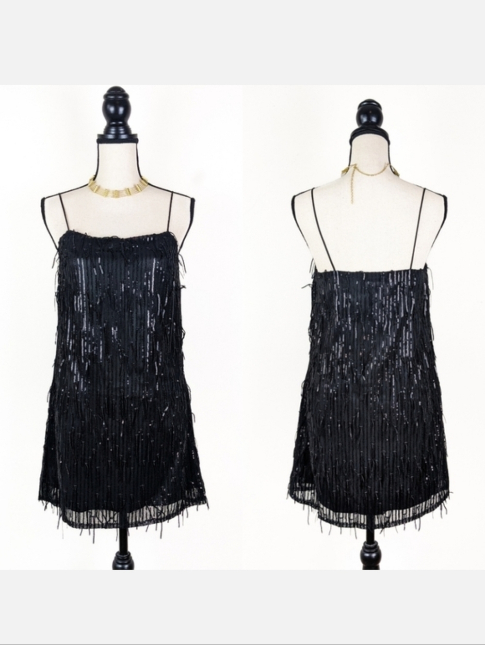NWT Storia Sequin Fringe Black Mini Dress, Size Small